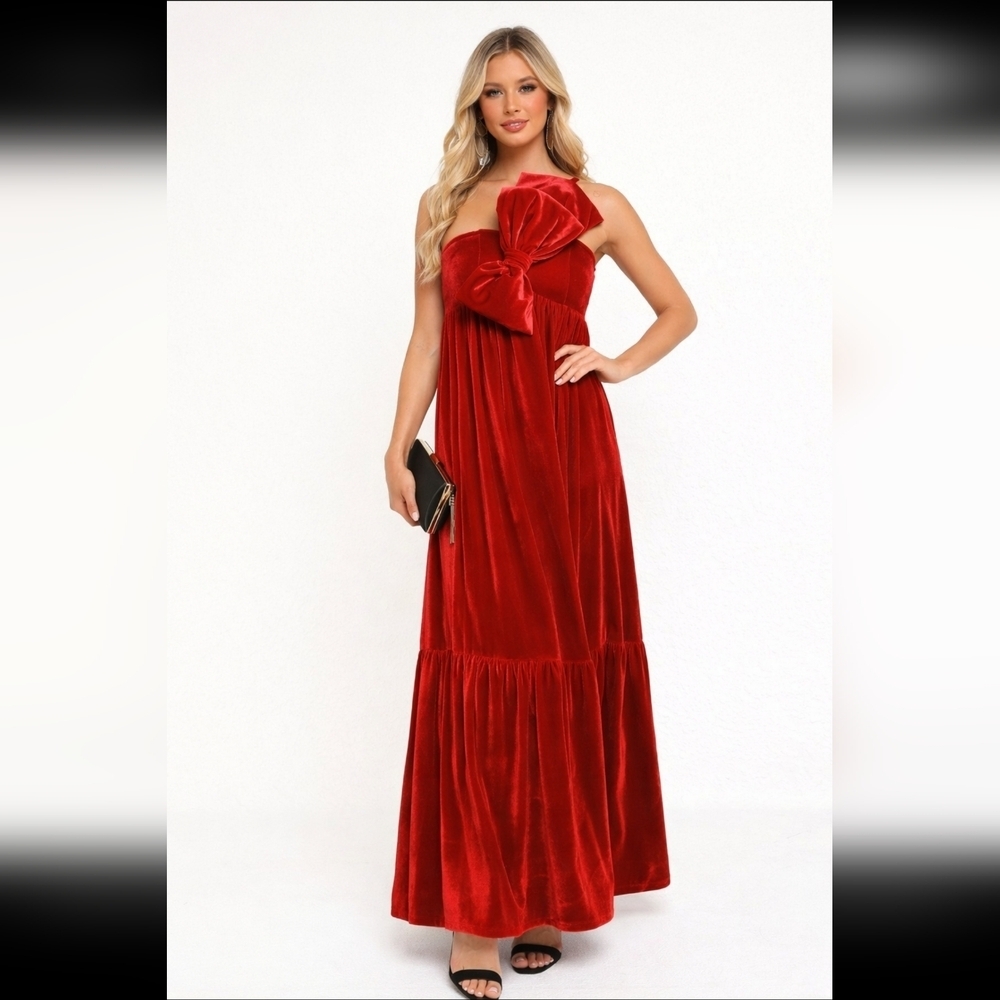 Strapless Red Velvet Maxi Dress with Bow Accent